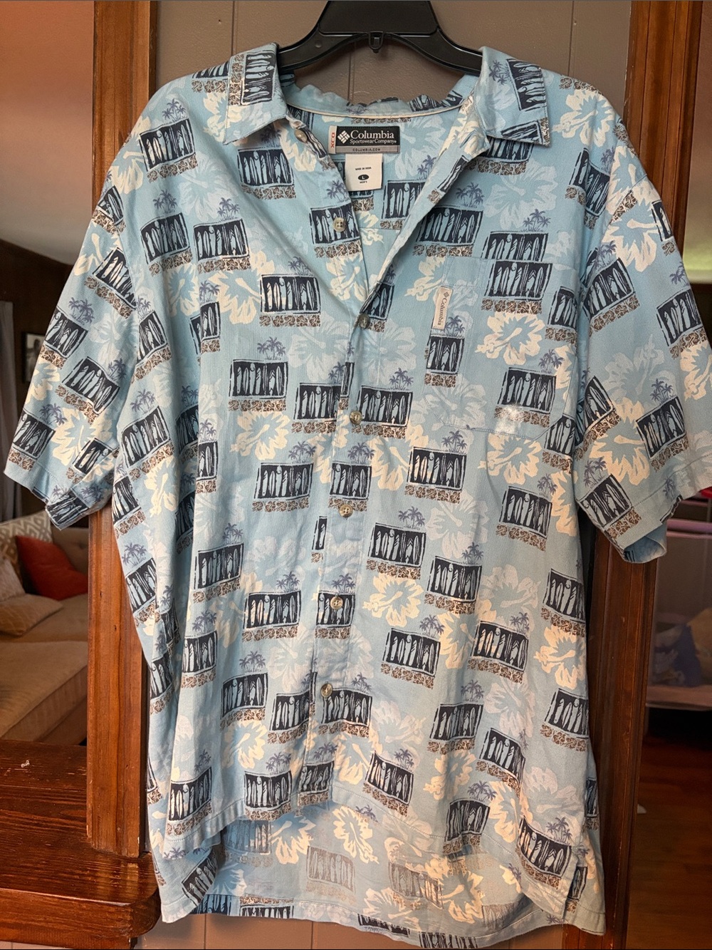 Columbia Light Blue Short-Sleeve Hawaiian Button-Down Shirt
